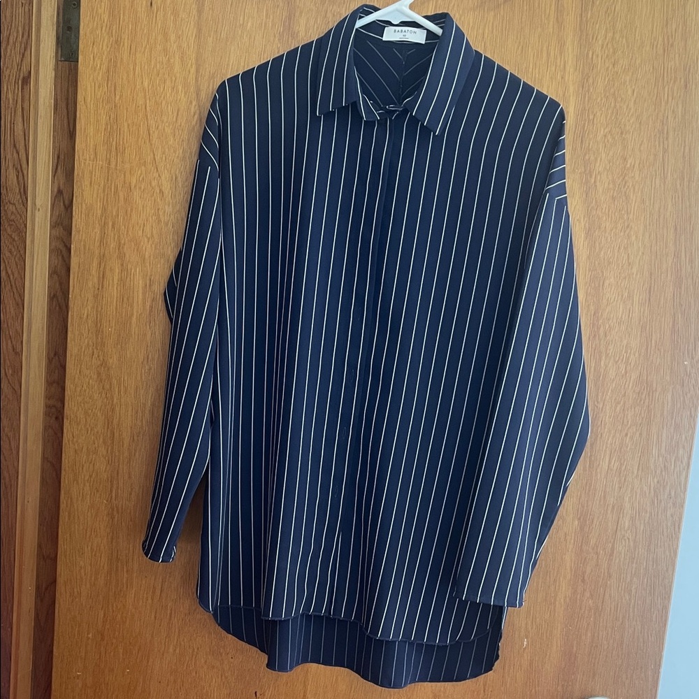 Babaton Navy and White Striped Blouse